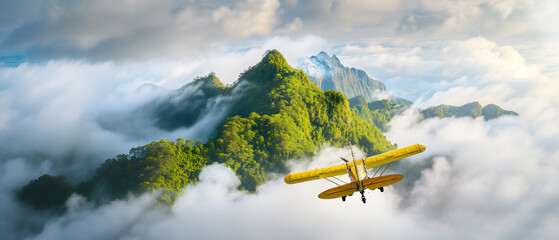 Vintage plane flying over the mountain in the clouds