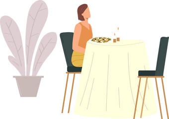 Woman dining alone at home, enjoying a healthy salad. Casual indoor dinner setting, serene atmosphere vector illustration.