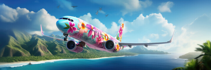 an airplane decorated with flowers flies across the sky, summer travel, flight to Hawaii, air transport, tourism, nature, beauty, vacation, tropics, height, speed, garland - obrazy, fototapety, plakaty