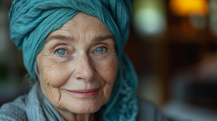 portrait of a blue-eyed old woman with a headscarf