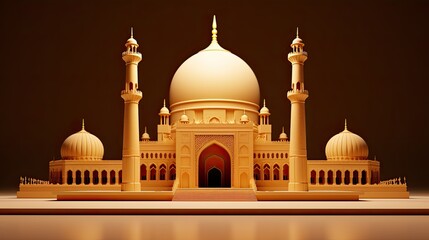 Fototapeta na wymiar 3d islamic mosque with golden dome on a brown background, in the style of minimalist backgrounds, light beige and white, bright sculptures, minimalist sets, photo, polychrome terracotta