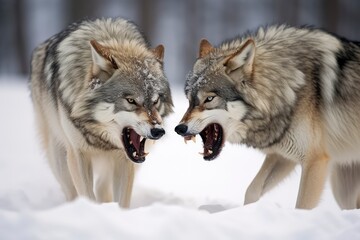 Dance of Shadows, An Ethereal Battle of Two Majestic Gray Wolfs Engulfed in Serene Snow