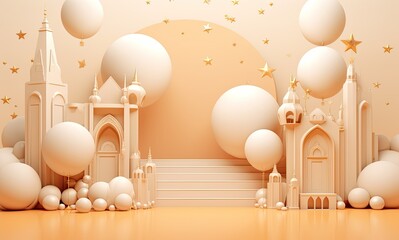 3d ramadan background with gold star and decorations, in the style of light orange and light beige, kitsch aesthetic, atey ghailan, white and gold, website, captivating, detailed world-building