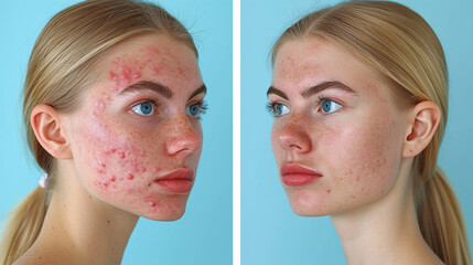 Girl skin problem, before and after, dermatology concept - obrazy, fototapety, plakaty