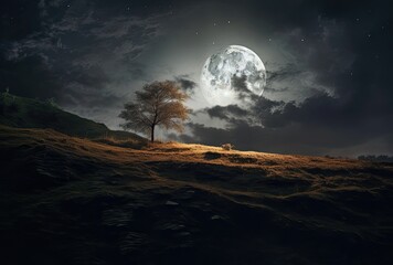 A full moon being seen over a hill