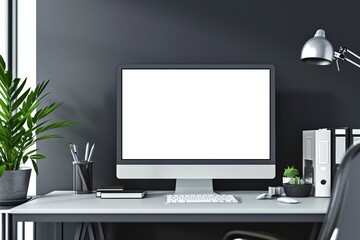 Modern designer office desktop with empty white mock up computer monitor, supplies and other items. 3D Rendering.