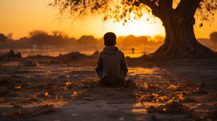A homeless child sitting under a tree, enjoying the sunset