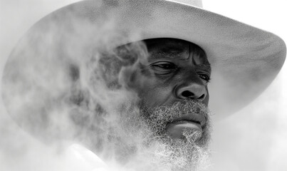 black and white portrait: Black cowboy & smoke