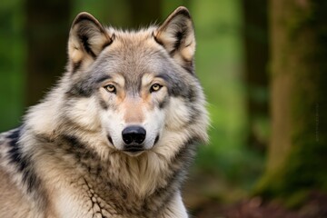 Obraz premium Enigmatic Embrace, An Intimate Glimpse of the Majestic Wolf Amidst Natures Tapestry