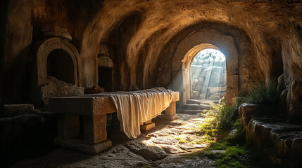 Empty tomb and light shines from the outside. Jesus Christ Resurrection