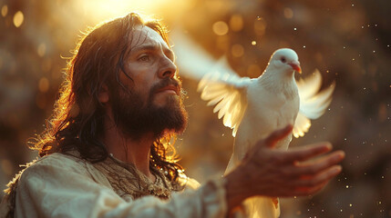 Jesus Christ and the dove as a symbol of the Holy Spirit - obrazy, fototapety, plakaty