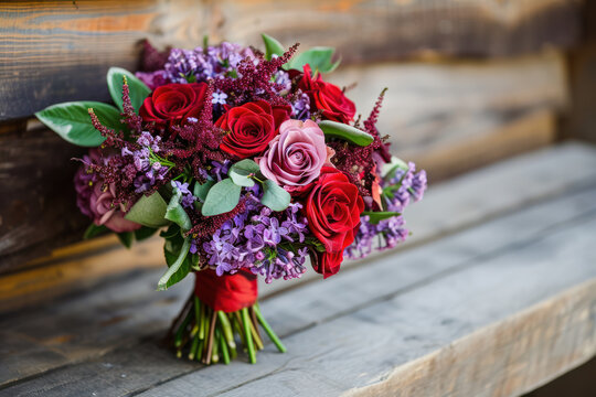 Rustic wedding bouquet with red rose and lilac flowers on wooden background
