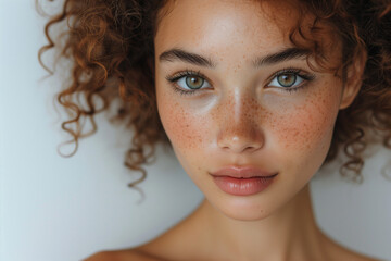 20 year old professional model with freckles, big black eyes, white background. concept of beauty, purity, divine woman