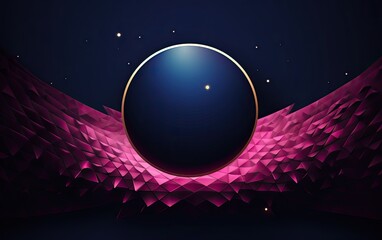 Dark background with a glowing moon, in the style of dark azure and pink, luxurious geometry