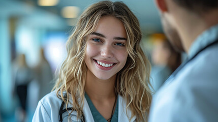 Portrait of smiling nurse talking to patient - obrazy, fototapety, plakaty