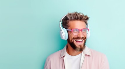 Happy millennial man with beard enjoying music on headphones on a plain pastel background. Concept: audio podcasts and listening to books, self-education through stereo - obrazy, fototapety, plakaty