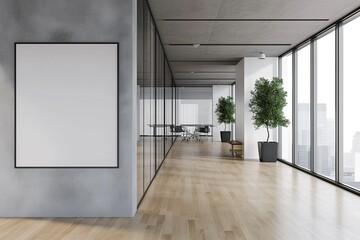 Naklejka premium Modern light concrete and glass office box interior with empty white mock up banner on walls and wooden floors. 3D Rendering.