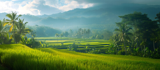 Panorama of rice terraces on Bali island, Indonesia