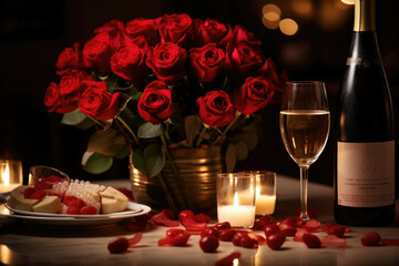 Obraz na płótnie Canvas A romantic Valentines Day dinner table with a centerpiece of roses, lit candles and a bottle of champagne
