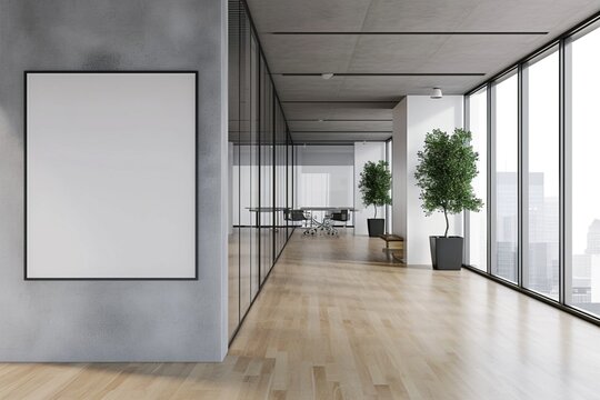 Modern light concrete and glass office box interior with empty white mock up banner on walls and wooden floors. 3D Rendering.