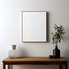 Fototapeta premium Blank picture frame with white background hanging or leaning against a wall. Perfect for mockups. Minimalist style
