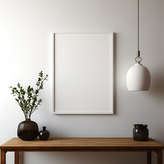 Blank picture frame with white background hanging or leaning against a wall. Perfect for mockups. Minimalist style