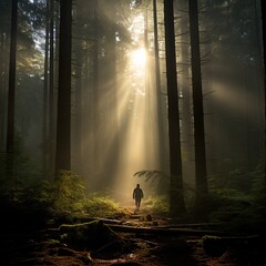 Deep forest sunlight standing man images Generative AI