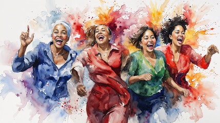 Cheerful mature women enjoying a carefree moment of happiness in a diverse and inclusive community. Women's day concept with an expressive watercolor style illustration - obrazy, fototapety, plakaty