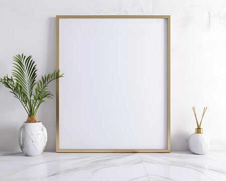 Blank picture frame with white background hanging or leaning against a wall. Perfect for mockups. Minimalist style