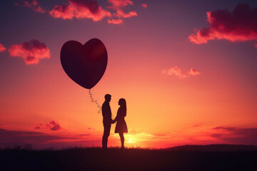 A silhouette of a couple embracing against a backdrop of a colorful sunset sky, with a heart-shaped balloon in the foreground