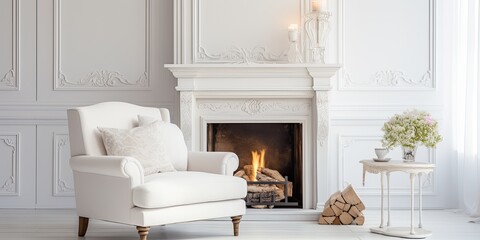 Luxurious white interior with a fabric-upholstered armchair by the fireplace.