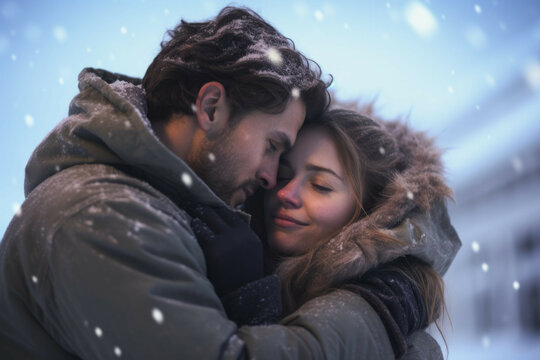 A couple passionately embracing in the snow, wearing warm winter clothing, on Valentines Day