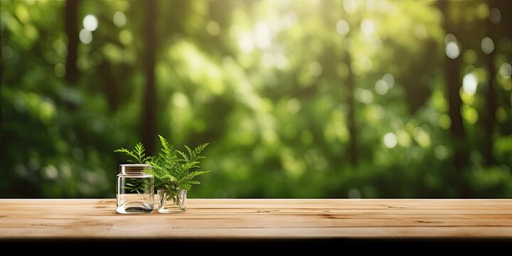 Product Display Montage With Blurred Background Image, Featuring A Wooden Table Top Surrounded By Trees In The Forest.