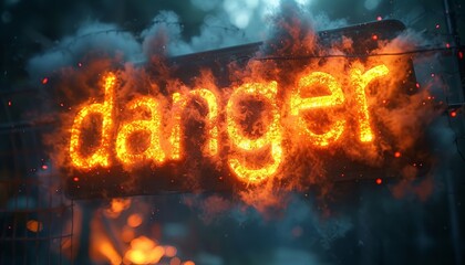 The inscription "danger" burns with an orange flame in the dark forest, creating an atmosphere of warning and alarm. Concept: threat to life from fire or smoke
