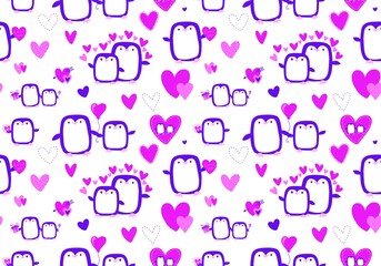 Valentines hearts seamless penguin and love pattern for wrapping paper and fabrics and linens and kids clothes