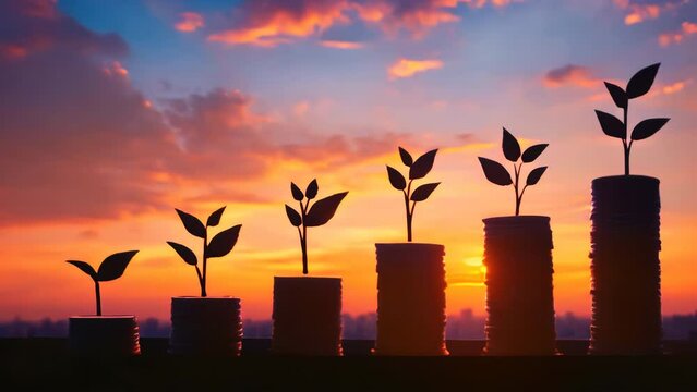Investment Growth: Financial Prosperity Begins with Small Steps. Silhouettes of plants growing on stacked coins against a city skyline at sunset, concept of investment and financial growth over time