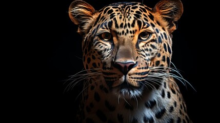 Majestic amur leopard with captivating gaze, elegantly isolated on dark black background - obrazy, fototapety, plakaty