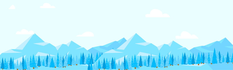 Snowy mountains landscape with pine trees and cloudy sky. Peaceful winter nature scene vector illustration.