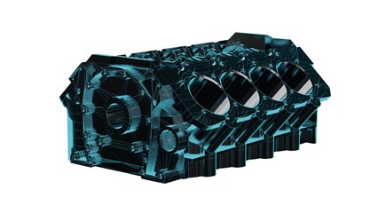 Close up detailed fully textured 3D render over white background of car engine cylinder block with pistons, cranks, valves and other mechanical components offering high performance