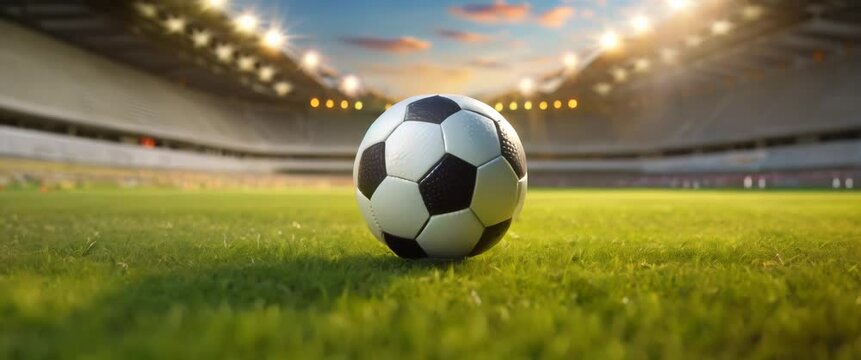 Soccer Ball on a Lush Field with Stadium Lights Ablaze. Vibrant green grass, bathed in the floodlights glow reflects excitement of sports. Panorama with copy space.