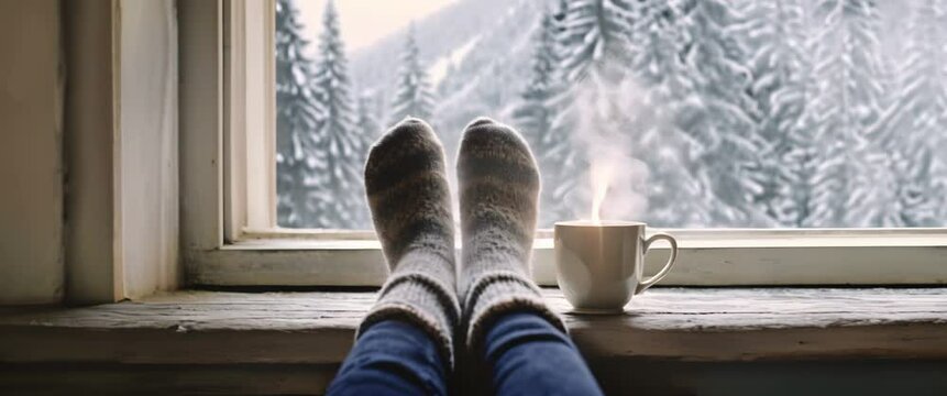 Cozy Winter Indoors with a View of Snowy Forest. Relaxing scene of feet in warm socks by the window overlooking a winter landscape.