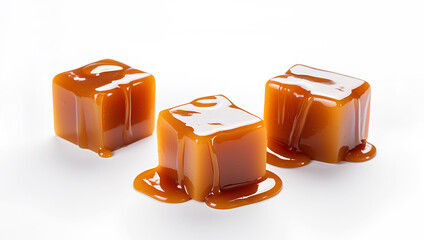 Sweet caramel candy cubes topped with caramel sauce on white background.