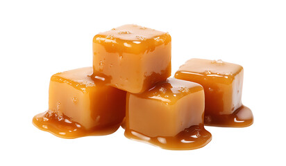 Sweet caramel candy cubes topped with caramel sauce on white background. - obrazy, fototapety, plakaty