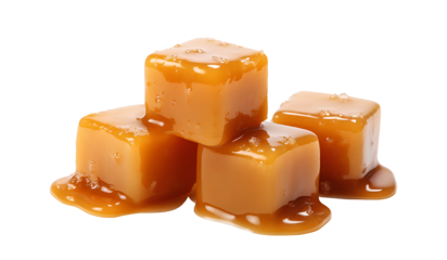 Sweet caramel candy cubes topped with caramel sauce on white background.