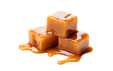 Sweet caramel candy cubes topped with caramel sauce on white background.