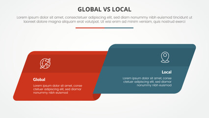 global vs local versus comparison opposite infographic concept for slide presentation with skew round rectangle box side by side with flat style