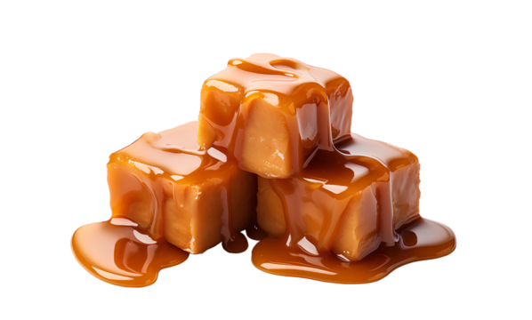 Sweet caramel candy cubes topped with caramel sauce on white background.