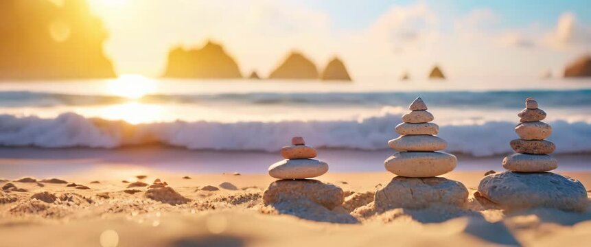 Zen Stones in Balanced Cairns on Tropical Beach at Sunrise. Harmony and peace resonate as stone towers stand against the backdrop of a brightening sky.