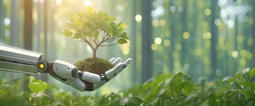 A robotic hand cradles a small plant against a forest backdrop. A stark representation of technology meeting nature, a robot arm gently holds a green sprout, sustainable growth. Earth day concept.