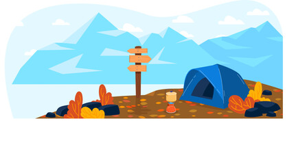 Blue camping tent by mountain range, wooden signpost, campfire, outdoor adventure scene. Nature exploration, hiking, and camping vector illustration.